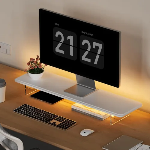Vista 12 de AFOOYO Soporte elevador para monitor, 31.5 pulgadas de madera ligera LED con patas acrílicas ajustables, accesorios de escritorio, soporte