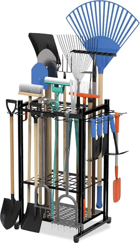 Vista 9 de Organizador de herramientas de jardín para esquina - Estante de metal resistente con 34 compartimentos de almacenamiento y 14 ganchos para palas
