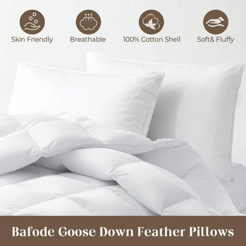 Vista 2 de Bafode - Almohadas de plumón de ganso, almohadas de cama suaves tamaño Queen, juego de 2, carcasa de 100% algodón suave, almohadas de hotel