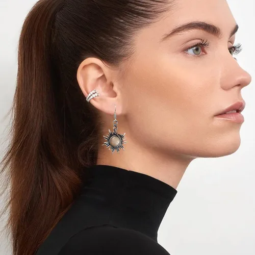Vista 8 de GBAHFY Aretes colgantes bohemios de ópalo retro con sol y luna, plata vintage, asimetría, luna, estrella, sol, aretes colgantes de gota con piedra