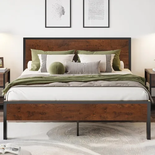 Vista 3 de SHA CERLIN Base de cama matrimonial con cabecero, almacenamiento debajo de la cama, construcción de metal sólido, no necesita somier, color marrón