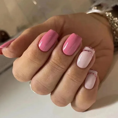 Vista 11 de Uñas postizas verdes a presión - Uñas falsas cortas cuadradas con purpurina dorada y diseños de remolino, acabado brillante, uñas postizas acrílicas