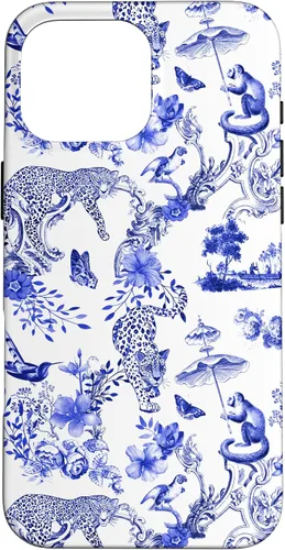 Vista 19 de French Blue Toile Chinoiserie with Flowers, Monkey, Leopards Case for iPhone 17