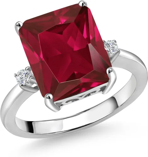 Vista 11 de Gem Stone King 5-7 Cttw Gemstone Birthstone and White Lab Grown Diamond 3-Stone Engagement Ring 925 Sterling Silver Center Emerald Cut 12X10MM