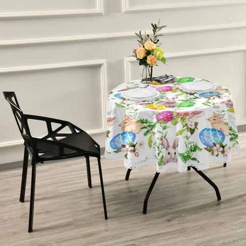 Vista 4 de senya Manteles de Pascua, huevos de conejo de Pascua en flores de hierba, mantel decorativo para mesa circular, comedor, decorativo para vacaciones