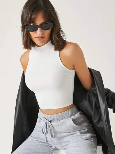 Vista 4 de Floerns Camiseta corta básica sin mangas con cuello alto falso para mujer