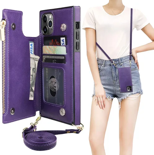 Vista 21 de Bocasal Funda tipo cartera cruzada para iPhone 11 Pro con tarjetero, protector de ranura para tarjetas con cremallera, a prueba de golpes, con Negro