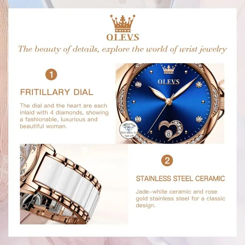 Vista 4 de OLEVS Relojes automáticos mecánicos para mujer de cuerda automática, oro rosa, dos tonos, correa de cerámica, esfera de corazón de amor