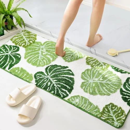 Vista 13 de Panstar Green Leaf - Tapete de baño con planta de plátano grande, antideslizante, absorbente, bonita en forma de palma, alfombra de ducha de felpa
