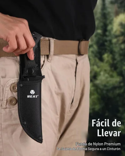 Vista 6 de REAT Cuchillo de hoja fija con funda, hoja de acero 440C de 4.1 pulgadas con diseño de espiga completa, mango ergonómico de plástico ABS, cuchillo