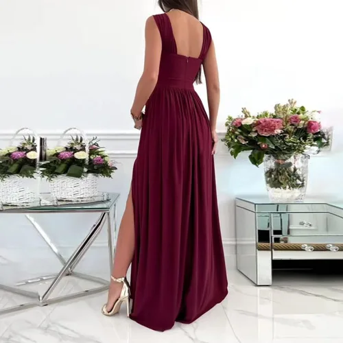 Vista 4 de Vestido de verano para mujer, sin mangas, elegante, con abertura, largo, vestido de fiesta, talla grande, vestidos de graduación
