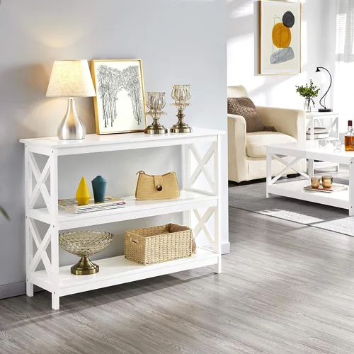 Vista 2 de Yaheetech Mesa auxiliar auxiliar de sofá con estante de almacenamiento de 3 niveles para sala de estar, espacio estrecho, color blanco