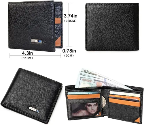 Vista 6 de Cartera para hombre con rastreador funciona con iOS y Android, billetera con billetera plegable de cuero auténtico, 8 tarjetas y 1 ventana para Negro