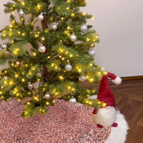 Vista 8 de Falda de árbol de Navidad de 48 pulgadas, lentejuelas doradas brillantes y relucientes con piel sintética, alfombra de árbol de felpa para árbol