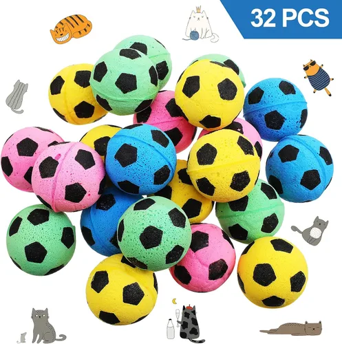 Vista 5 de Skylety Pelotas de fútbol para gatos, 32 unidades, esponja de espuma, para gatos interactivos, juguete de fútbol, pelota deportiva para gatito