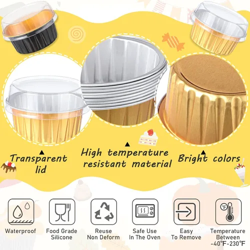 Vista 2 de 200 tazas de papel de aluminio para hornear cupcakes de 4.2 onzas, moldes desechables para cupcakes, moldes de postre con tapas, mini recipientes