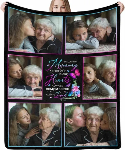 Vista 7 de LOSARON Mantas conmemorativas personalizadas con fotos por pérdida de madre, papá, abuela en el cielo en memoria amorosa de flores rojas, 6 fotos