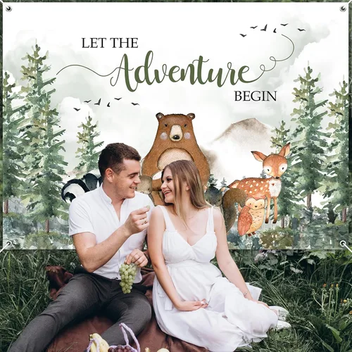 Vista 5 de Avezano Telón de fondo de baby shower con texto en inglés "Let The Adventure Begin Baby Show", decoración de fiesta para niños, pancarta de desierto