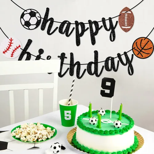 Vista 6 de Cartel deportivo de feliz cumpleaños, pancarta de cumpleaños con purpurina, fútbol, béisbol, fútbol, baloncesto (negro) Sports Birthday Party