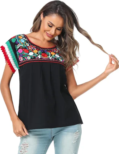 Vista 6 de YZXDORWJ Blusa tradicional colorida de encaje bordado mexicano para mujer, tricolor, camiseta del día de la independencia mexicana