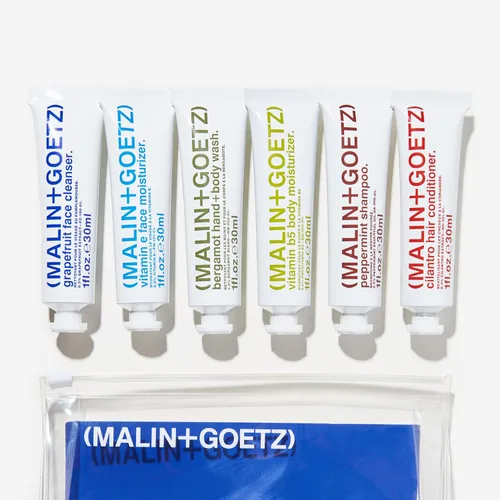 Vista 2 de Malin + Goetz Essentials - Kit de iniciación, juego de 6, 1 onza líquida, limpiador facial, humectante facial, gel de manos y cuerpo, hidratante