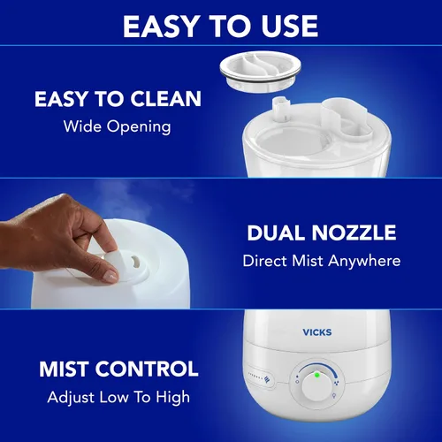 Vista 8 de Vicks NaturalCare Humidificador ultrasónico de niebla fría (VUL530), blanco, habitación pequeña, humidificador y difusor con luz nocturna, funciona