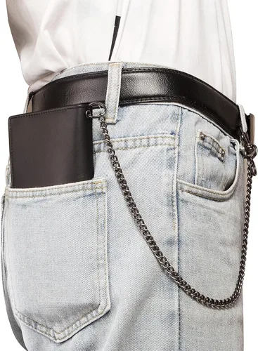 Vista 2 de Enwaen Carteras de cadena de motociclista para hombre, bloqueo RFID, de piel auténtica, diseño largo para camionero, motocicleta, chequera, Negro