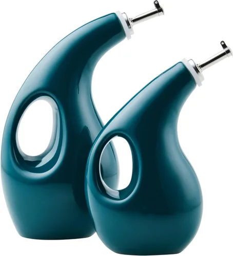 Vista 9 de Rachael Ray Serveware Botella dispensadora de aceite y vinagre de cerámica EVOO, juego de 2 piezas, color gris