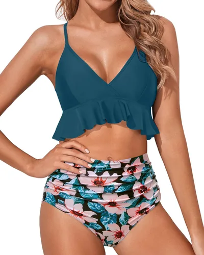 Vista 19 de Tempt Me - Traje de baño de dos piezas para mujer, bikini de cintura alta con volantes y control de abdomen Rojo neón
