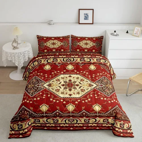 Vista 22 de Erosebridal Juego de edredón bohemio individual, juego de ropa de cama exótica bohemio, retro, azul, amarillo, degradado, rojo, floral, bohemio