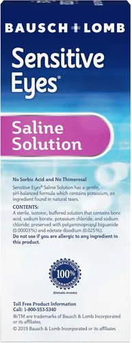 Vista 6 de Bausch + Lomb Solución salina para ojos sensibles, enjuague diario suave para lentes de contacto suaves y permeables a los gases, con potasio, 12