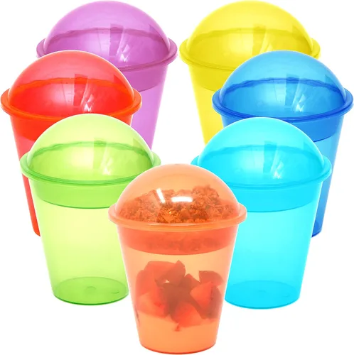Vista 6 de Youngever 7 juegos de vasos de yogur de plástico reutilizables con tapas de cúpula, a prueba de derrames y fugas, grandes de 12 onzas