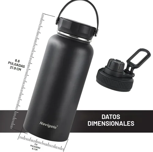 Vista 2 de Navigate Botella de agua aislada de 32 oz para deportes, mantiene el frío Negro