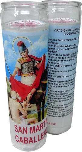 Vista 9 de Veladora de rezo San Martín Caballero oración al reverso en español para problemas económicos 14 oz vaso grande una pieza Blanca sin esencia