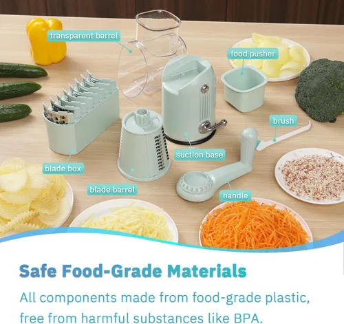 Vista 6 de ENERGEVITY Rallador de queso giratorio manual con asa, triturador de queso de cuchillas inoxidables reemplazables 5 en 1, base de succión fuerte
