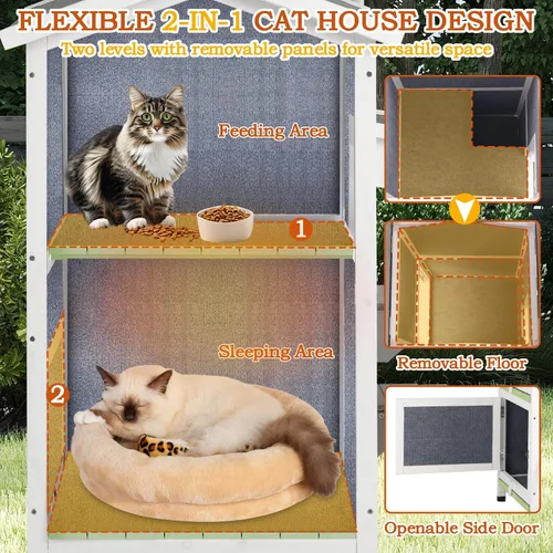 Vista 3 de PetsCosset Casa Aislada para Gatos de Exterior Resistente a la Intemperie con Aislamiento Integral de Dos Pisos de Madera Refugio para Gatos Ferales