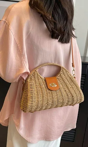 Vista 5 de Bolso cruzado de paja para mujer, tejido a mano, bolso de mano de ratán con asa superior de paja, bolso de hombro para playa de verano, bolso