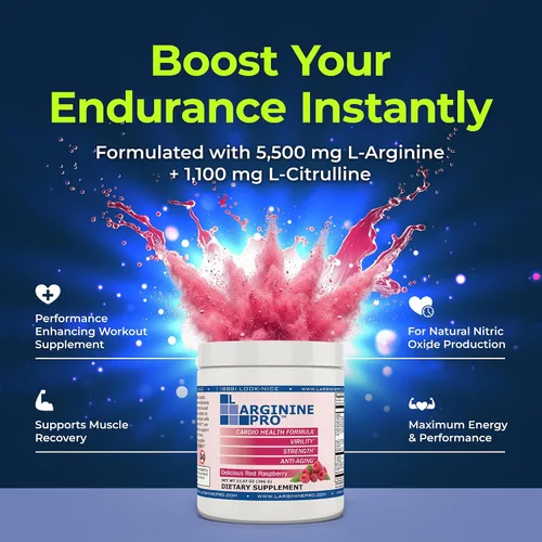 Vista 6 de L-ARGININA PRO 5,500mg de L-arginina más 1,100mg de L-citrulina, bebida en polvo sabor uva y naranja, suplemento para aumentar la producción
