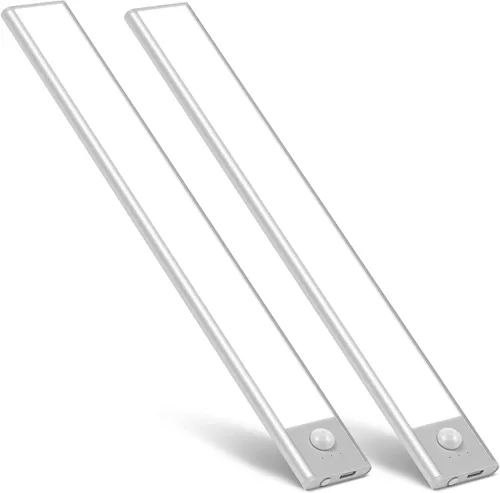 Vista 10 de BLS Luces para debajo del gabinete, 46 luces LED a batería con sensor de movimiento para interiores, luces de armario recargables USB C con sensor