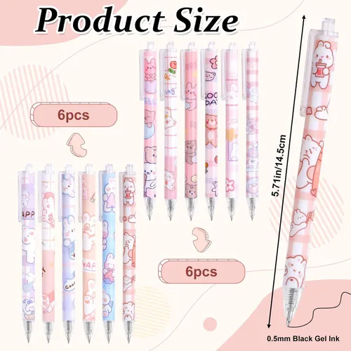 Vista 2 de 12 bolígrafos de gel kawaii para niña, tinta negra de 0.020 in, bolígrafos Kawaii retráctiles finos, suministros escolares para niños, suministros