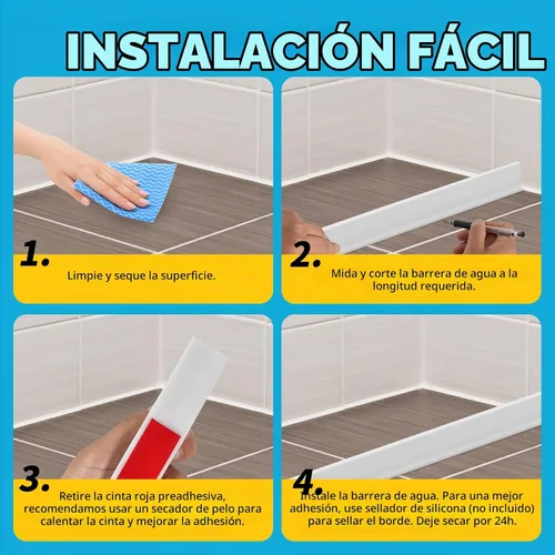 Vista 7 de Presa de agua de umbral de ducha de 3.8 pulgadas de alto, plegable, autoadhesiva, protección contra salpicaduras de agua, bloqueador de agua