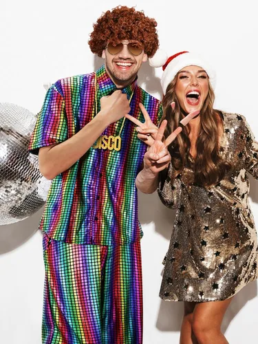 Vista 7 de Mepase 6 piezas de lentejuelas metálicas de los años 70 para hombre, disfraz de discoteca, accesorios, camisa brillante, pantalón, peluca afro