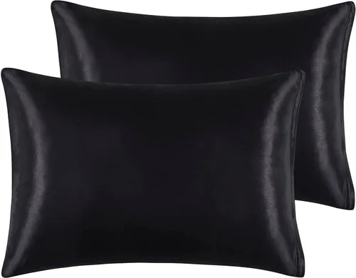 Vista 7 de Fundas de almohada de satén con cremallera (20 x 26), juego de 2 fundas de almohada de tamaño estándar, funda de almohada de seda negra para cabello