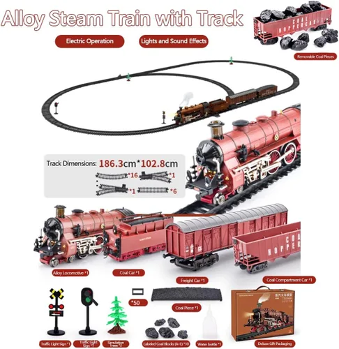 Vista 2 de Juego de tren eléctrico, modelo de locomotora de aleación con carro y pista larga, regalo para adolescentes y adultos (modelo 22918/rojo)