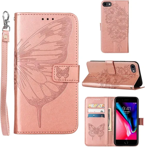 Vista 13 de Funda tipo cartera para iPhone 6/6S/7/8/SE 2022/SE 2020 (negro) Butterfly Floral Embossed Pattern, Wrist Strap, PU Leather, Card Holder Slots