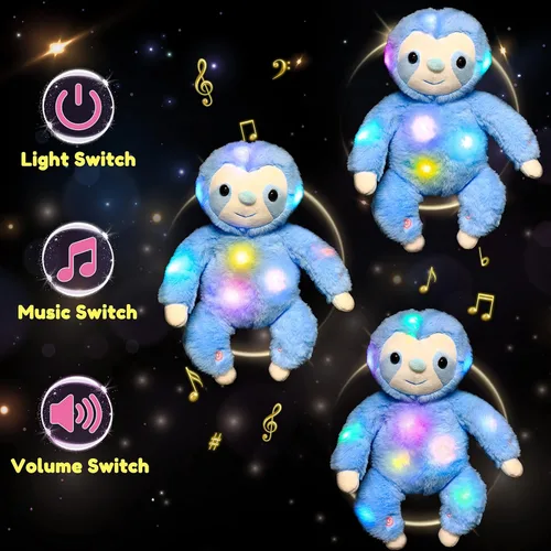 Vista 5 de Hopearl Perezoso de peluche con luces LED y música, perezoso de tres dedos flexible de felpa, con luces de noche que brillan en la oscuridad