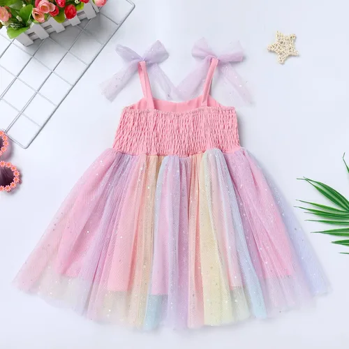 Vista 2 de Vestido tutú para niña, sin mangas, fruncido, vestido de verano con lentejuelas brillantes, lunares, estrellas, princesa, vestido de tul