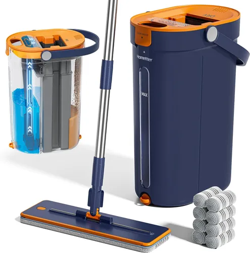 Vista 12 de Juego de fregona y cubo con escurridor, sistema de fregona plana de 3 tanques y cubo, limpiador de fregona de pared con mango largo, fregonas sin