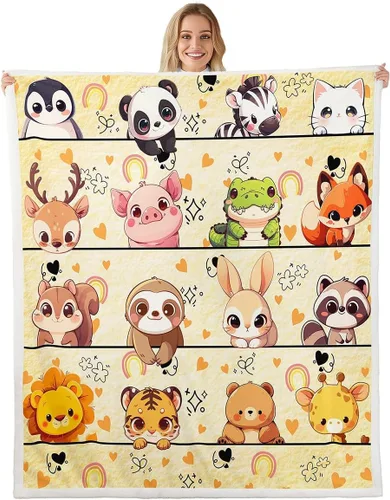 Vista 22 de Manta de franela de animales de dibujos animados para todas las estaciones, manta de cama azul con estampado de amor Kawaii para decoración