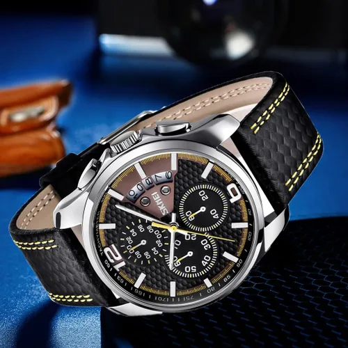 Vista 5 de SKMEI Men Watches Black Leather Band Sports Large Big Face Luxury Waterproof Luminous Fashion Dress Casual Analog Quartz Chronograph Father Gifts